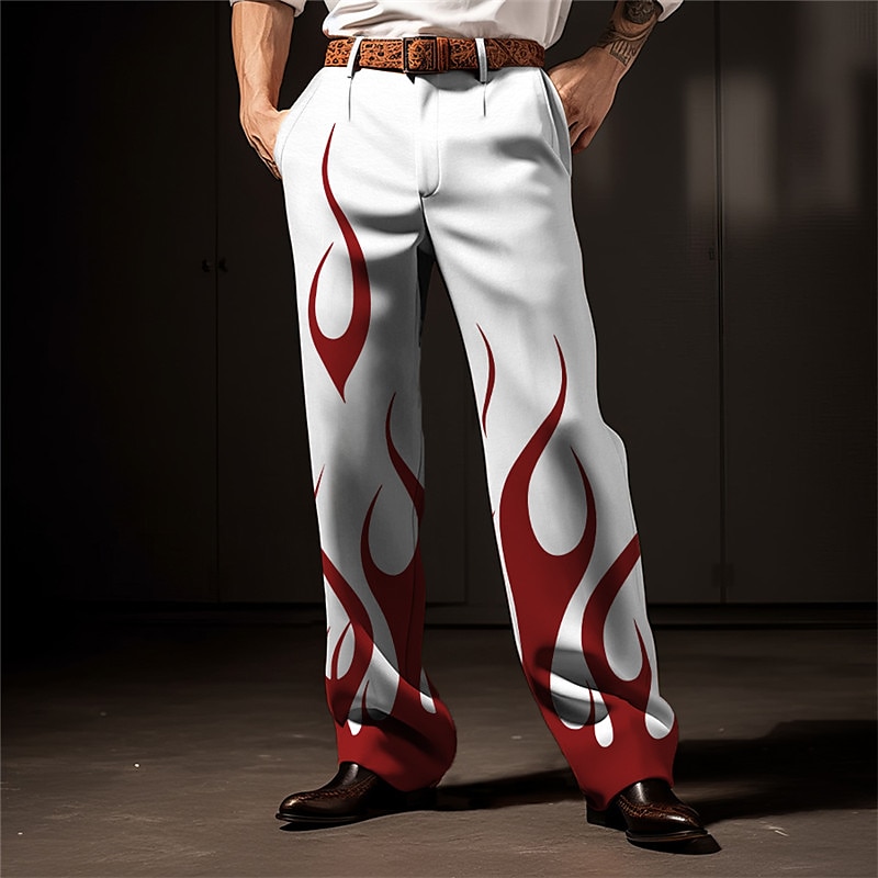 Vlam Zakelijk Casual Voor heren 3D-afdrukken Pakken Broeken Buiten Straat Draag naar het werk Polyester Wijn Zwart Wit S M L Hoog Elasticiteit Broek 2025 - $29.99 –P2