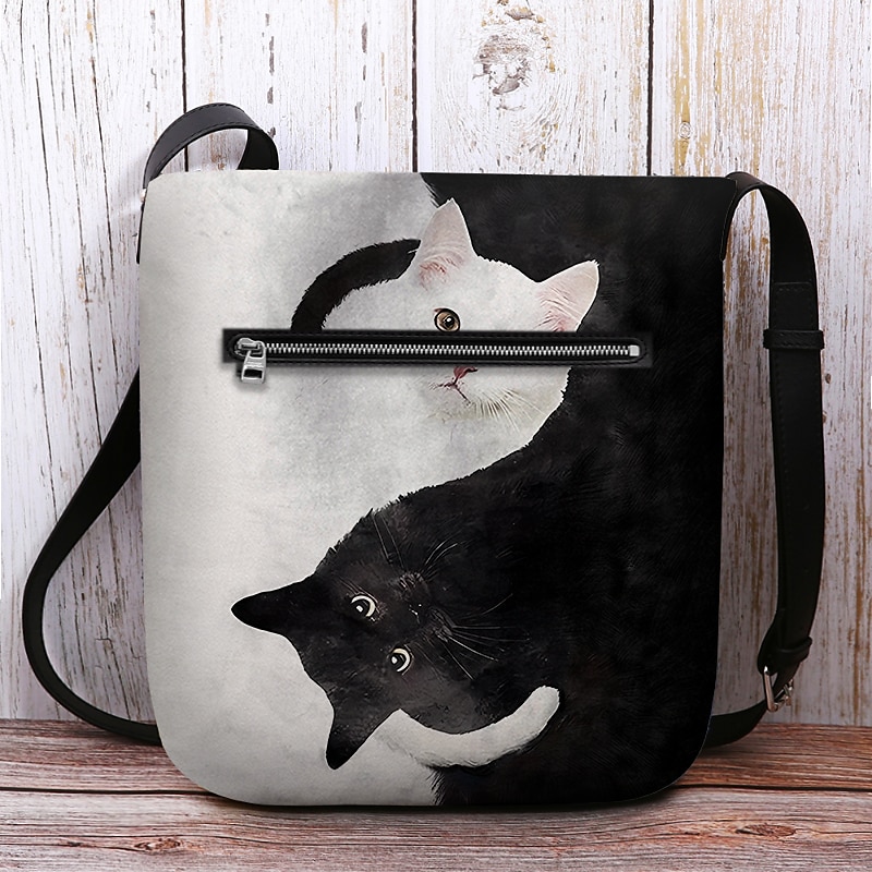 Umhängetasche mit Yin-Yang-Katzen-Design – künstlerische Schultertasche mit schwarz-weißem Katzen-Print für Damen, perfekt für den Freizeit- und Alltagsgebrauch 2025 - $19.99 –P6