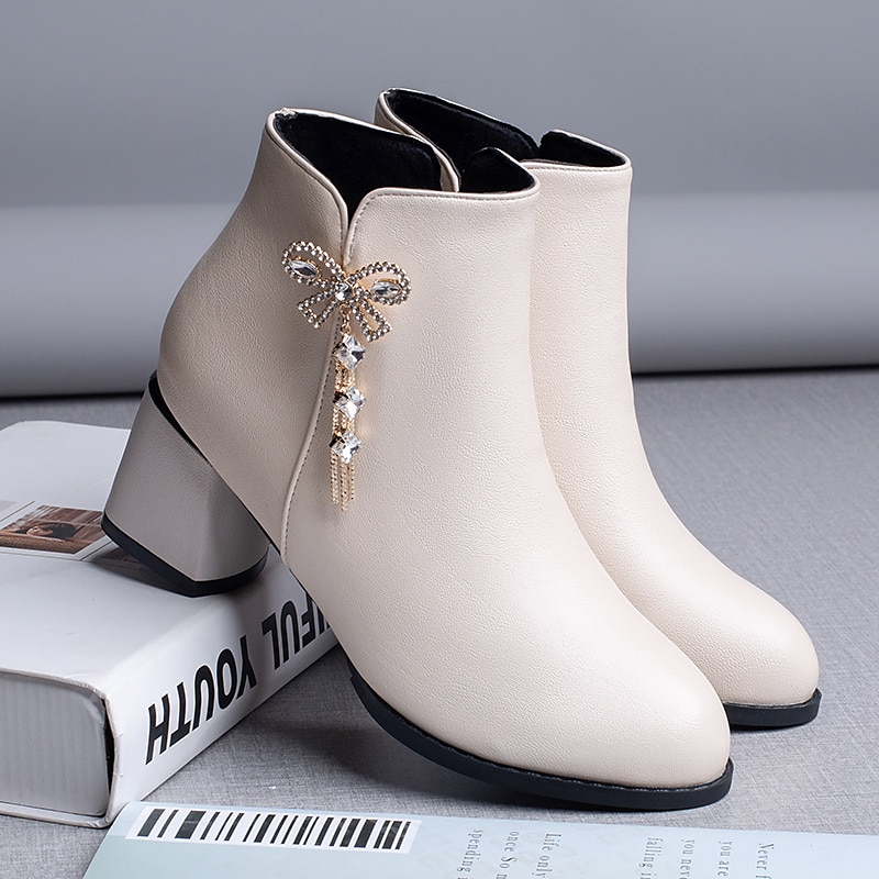 Women's Heels Boots Plus Size Heel Boots Outdoor Daily Booties Ankle Boots Winter Rhinestone Bowknot Chunky Heel Round Toe Elegant Vintage Sexy PU Zipper Black Beige 2023 - AED 151 –P6
