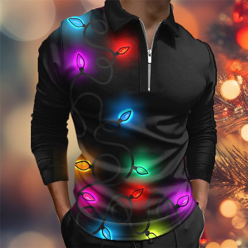 Christmas Miesten Soihdut Zip Polo Golf poolopaidat Pitkähihainen Poolopaidat Sänkyjen avaus Vetoketju Vapaa-aika ulko- Rento / arki Katuvaatteet 3D Painettu Syystalvi Musta Sininen 2026 - $26.99 –P2