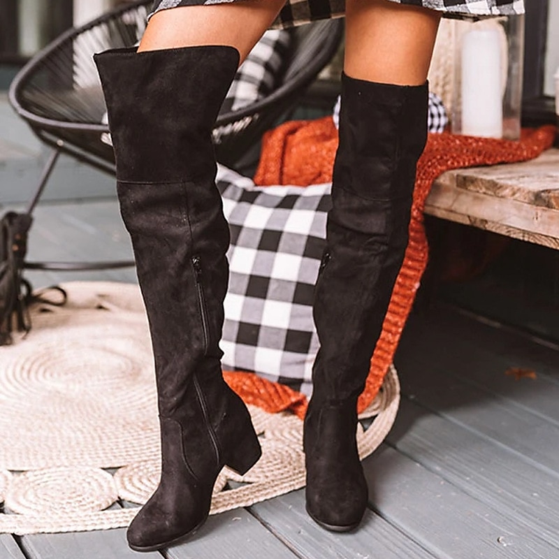 Khakifarbene Overknee-Stiefel aus Wildlederimitat mit Blockabsatz für Damen – stilvoll und bequem für die Herbst- und Wintermode 2025 - $59.99 –P7