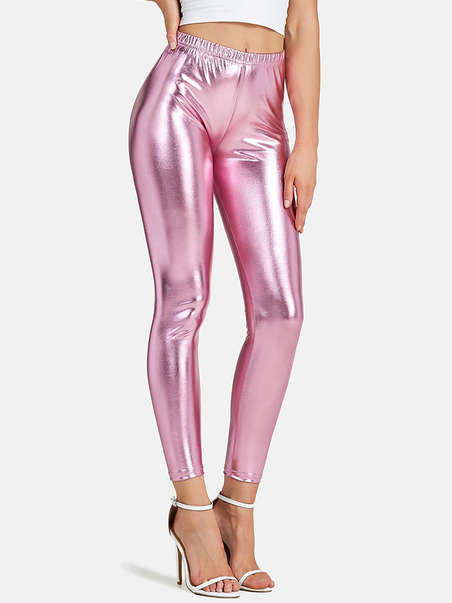 Mulheres Leggings Moda Sensual Comprimento total Cintura Média Tecido Cintura elástica Metálico Brilhante Respirabilidade Macio Confortável Micro-Elástica Bandagem Festa Rua Prata Rosa claro Dourado de 2026 por $22.99 –P4