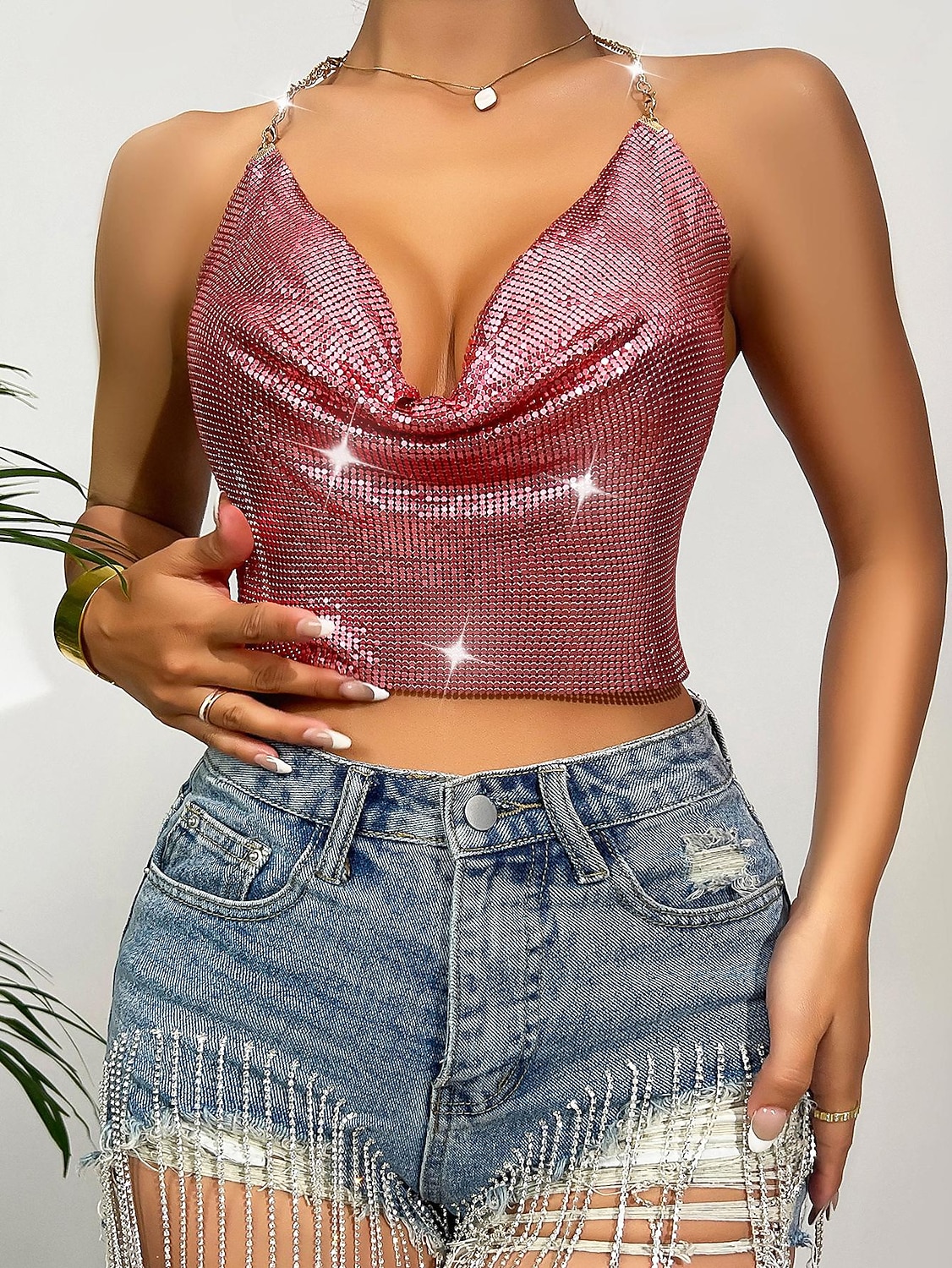 Fémes Hát nélküli Szikra Spagetti pántos trikó Testlánc Crop Tank Top Diszkó Jelmez Női Parti Klub Pride Parade Felnőttek Trikó 2025 - $23.99 –P17