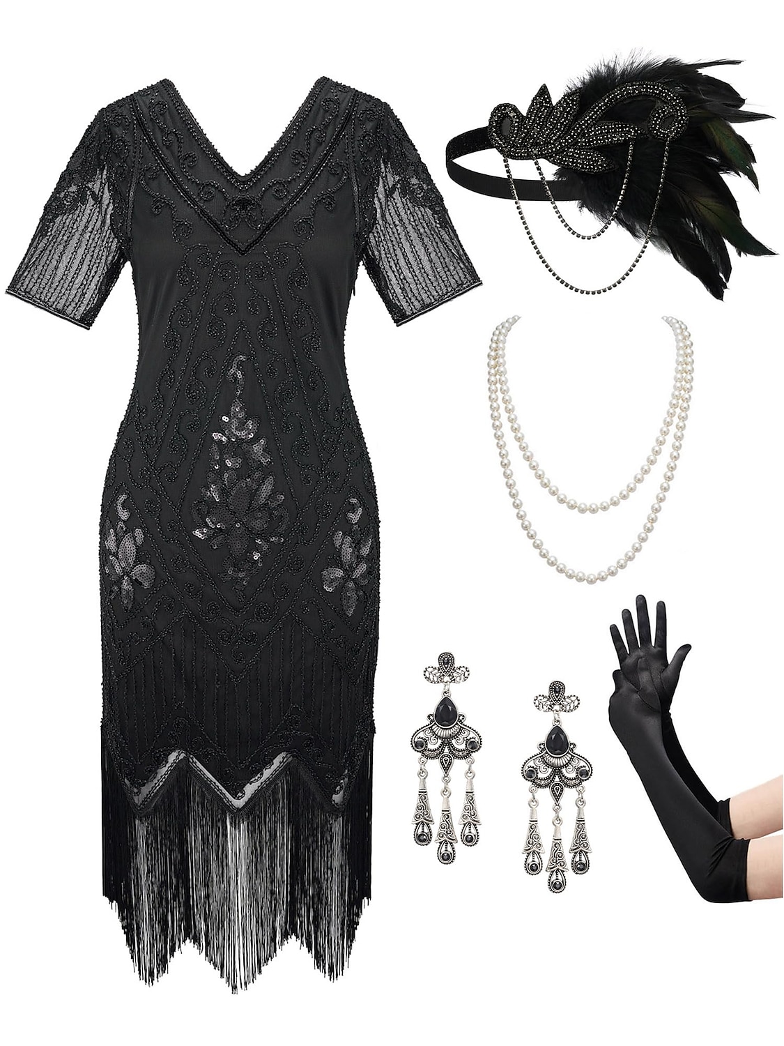 Retro Vintage Roaring 20s 1920s Flapper Dress Outfits Accessories Set The Great Gatsby Wedding Guest Sequins Tassel Fringe Sequin Tassel V Neck Women's Halloween Carnival Masquerade Carnival Party 2025 - $57.99 –P11