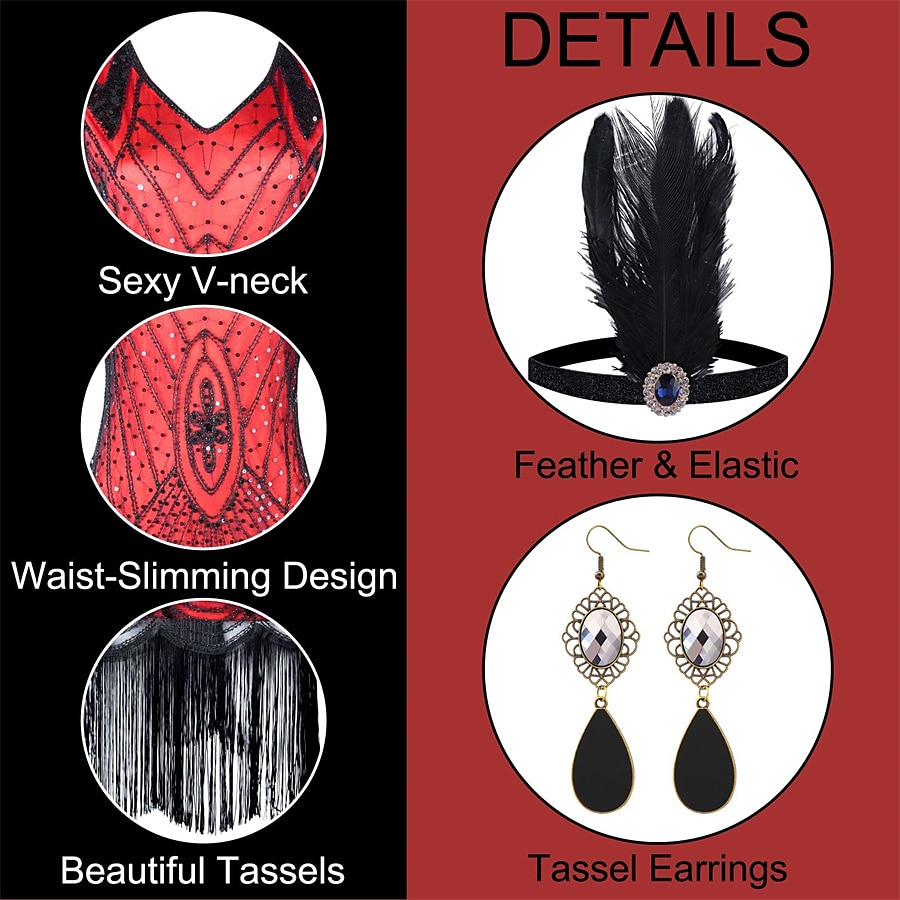 Goldene Zwanziger 1920er Knielang Flapper Kleid Outfits Zubehörset Ärmellos Der große Gatsby Hochzeitsgast Pailletten Quastenfransen Pailletten Quaste V Ausschnitt Kostüm Damen Karneval Maskerade 2026 - $51.99 –P11