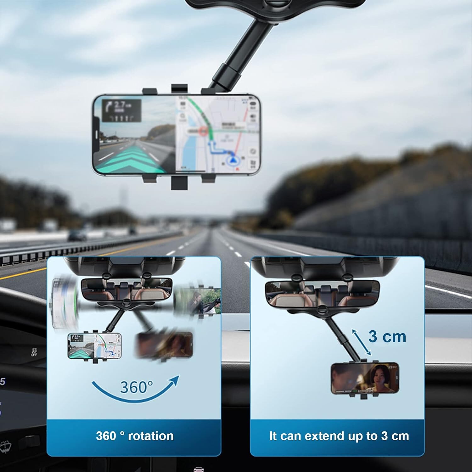 2025年 車用電話マウント、360°回転可能&格納式車載電話ホルダーマウント多機能バックミラー電話ホルダー車用調整可能なユニバーサル携帯電話ホルダーすべてのスマートフォンと互換性あり  コレクション – $8.49 –P6