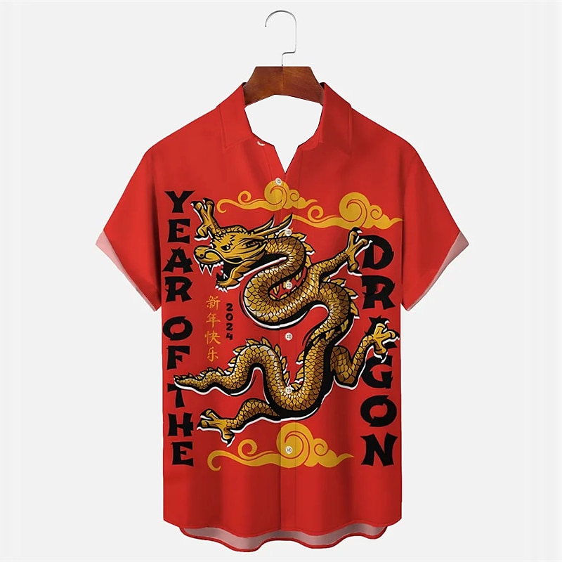 New Year Men's Dragon Shirt Button Up Shirt Short Sleeve Casual Daily Wear Going out Weekend Autumn / Fall Turndown Print Button-Down Yellow Red Burgundy 2025 - $24.99 –P7