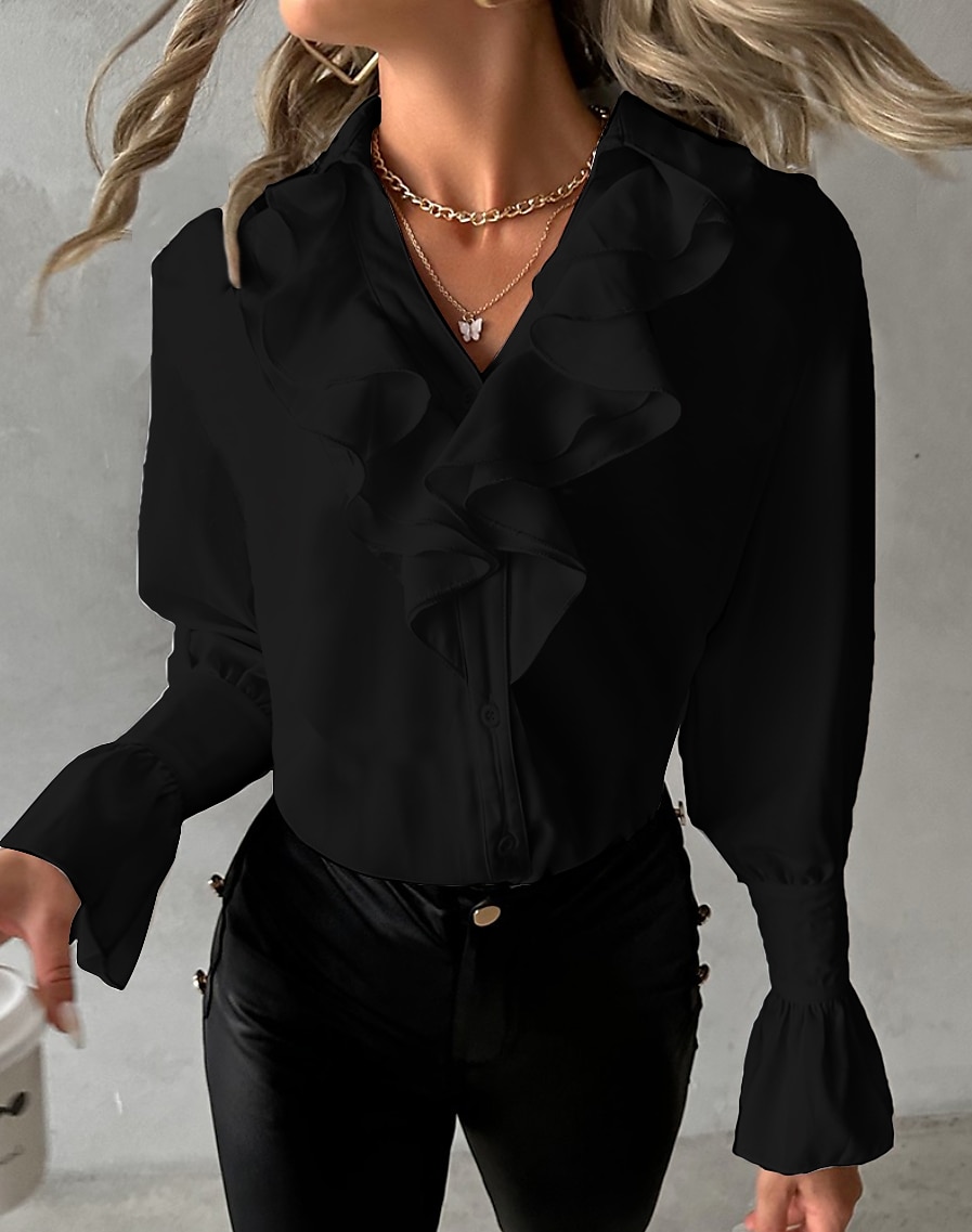 chemisier femme élégant volants manches pétales manches longues col v noir blanc jaune fuchsia vert automne de 2025 ? $26.99 –P3