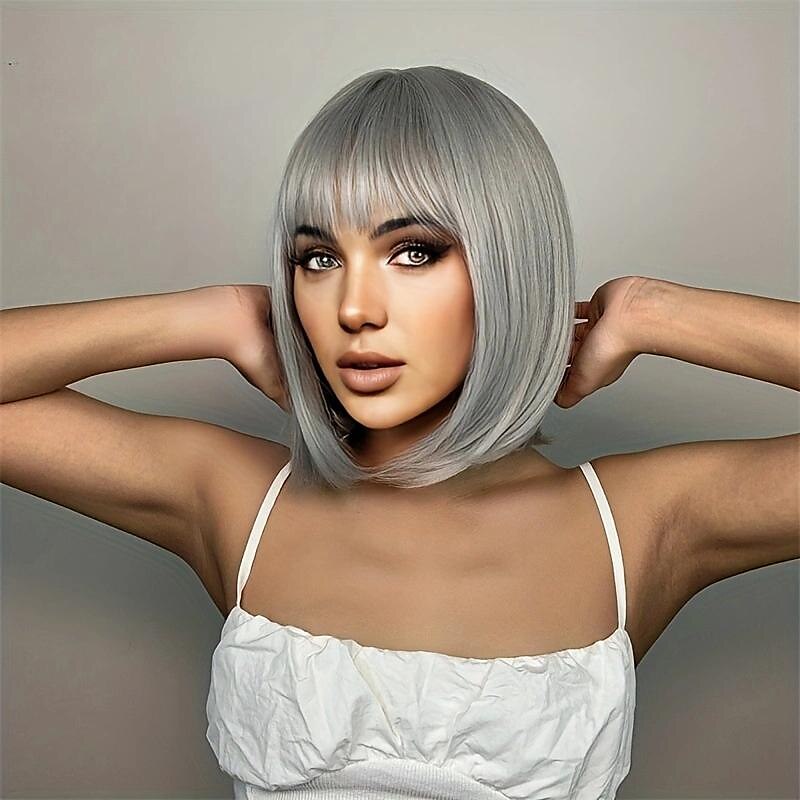 parrucche bob diritte grigio argento corte per le donne parrucca di capelli a strati pixie grigio argento parrucca sintetica ondulata naturale shaggy per la festa quotidiana del 2025 a $19.99 –P5