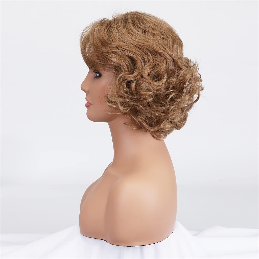 Pelucas cortas y rizadas de color marrón claro para anciana, peluca rizada en capas con flequillo, peluca marrón ondulada con raíces oscuras, pelo sintético natural para fiesta diaria, cosplay custume 2025 - $18.99 –P4