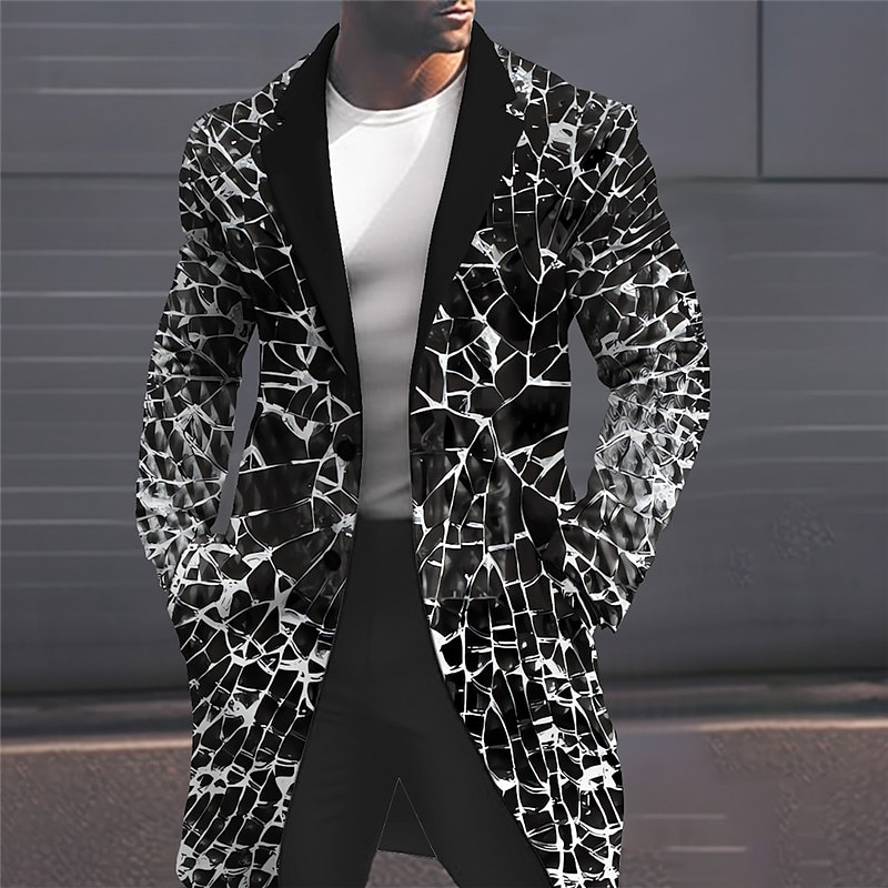 Men's Crack Winter Coat Overcoat Coat Warm Breathable Comfortable Business Abstract Work Wear to work Going out Pocket Print Fall & Winter Turndown Long Sleeve Black Blue Purple 2025 - $67.99 –P1