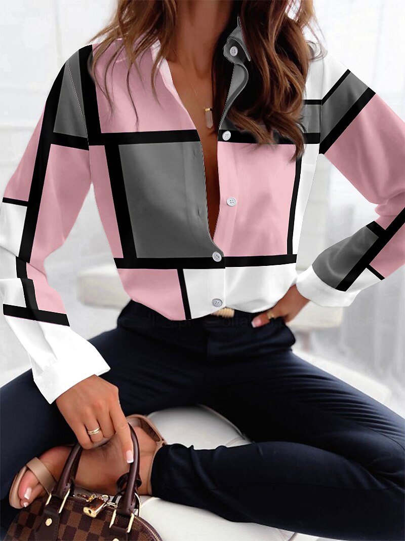 Camicia Donna Moda Flanella Stampa Bottoni Maniche Lunghe Top Regolari Collo Camicia Casual Rosa Viola Primavera Autunno del 2025 a $32.99 –P1
