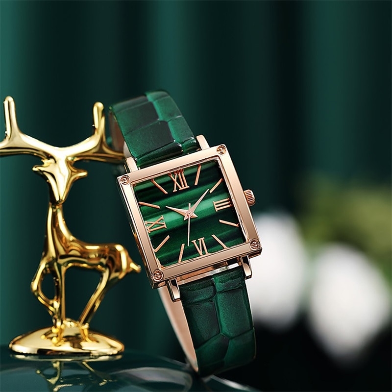 Set 5 buc. Ceas pentru femei Ceas vintage cu cadran pătrat Quartz Ceas analogic Verde și set de bijuterii cu rhinestone Cadou de Ziua Mamei pentru mama ei 2026 - $18.99 –P3