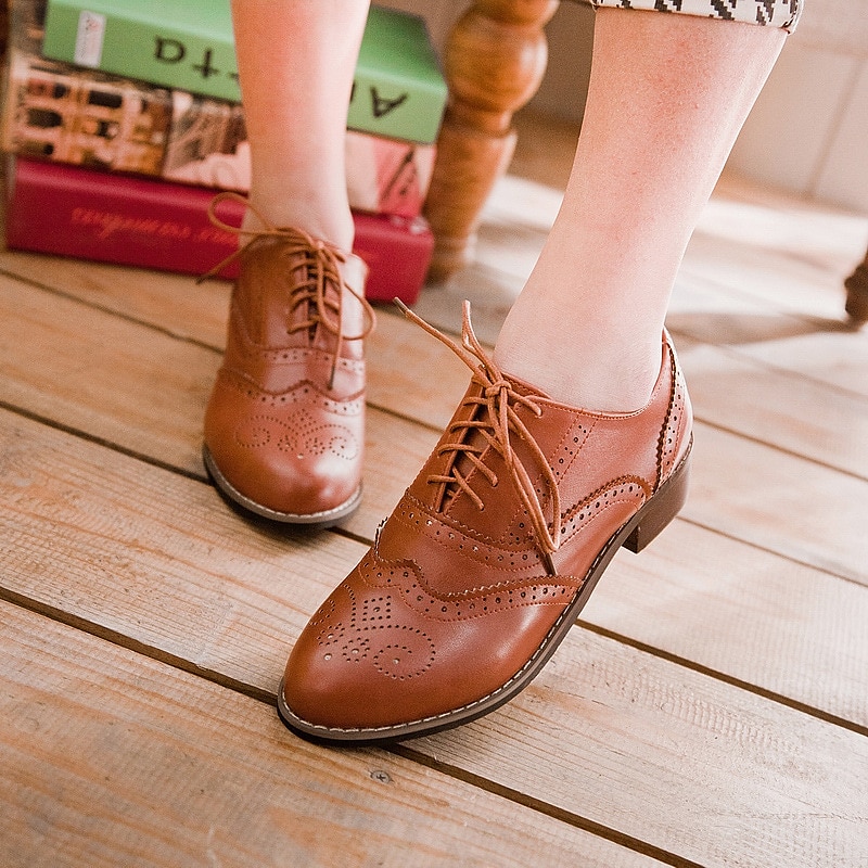 pantofi oxford clasici brogue de damă – pantofi maro din piele artificială cu vârful aripii cu șireturi pentru ținute casual și formale de inspirație vintage 2025 - $42.99 –P2