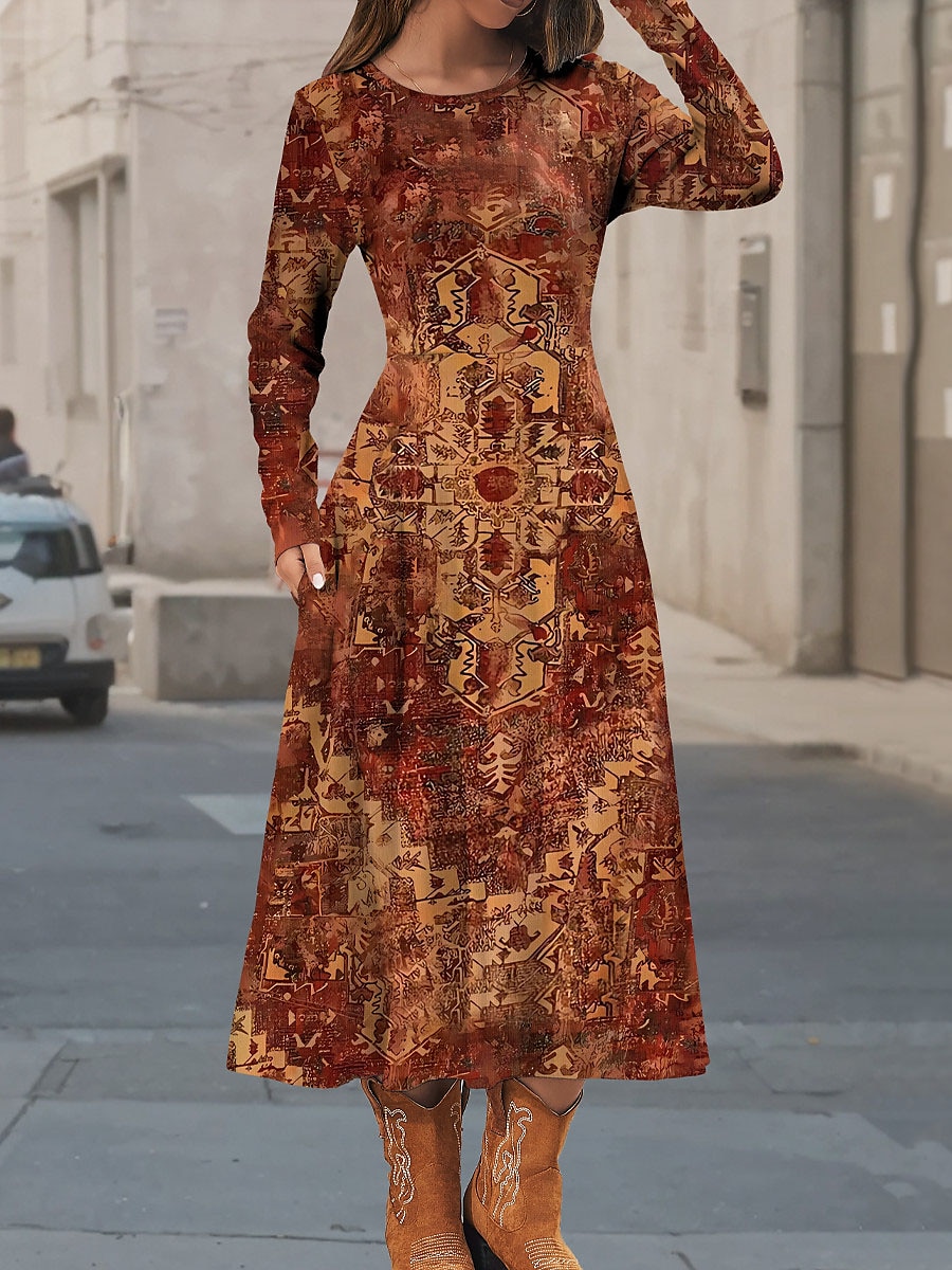 Femmes Robe Midi Robe Décontractée Robe d'Hiver Robe Ethnique Robe évasée ancien Ethnique Tribal Formel Extérieur Vacances Coupe régulière Fleuri Géométrique Bloc de Couleur manche longue Col ras du de 2025 ? $36.99 –P2
