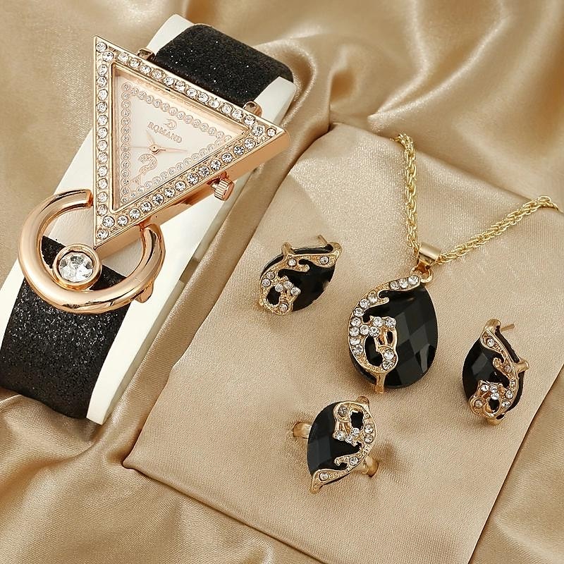 5pcs/set Women's Watch Luxury Triangle Pointer Quartz Watch Shiny Rhinestone Analog Wrist Watch & Jewelry Set, Gift For Mom Her 2025 - $24.99 –P2