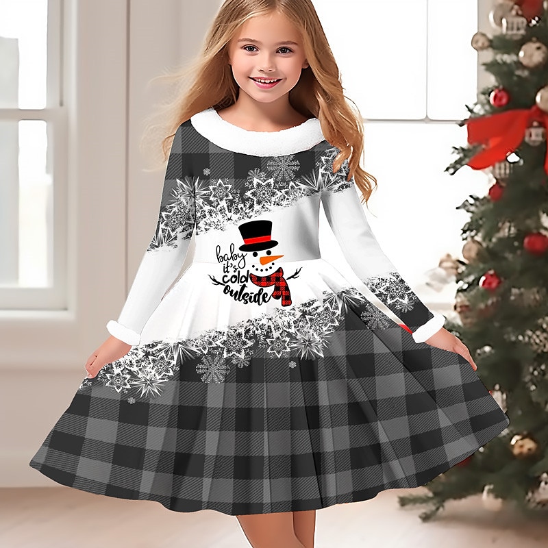 Mädchen' 3D Plaid Schneemann Schneeflocke Kleid Schneeflockenkleid Langarm 3D-Druck Herbst Winter Urlaub Sport & Natur Täglich Kuschelig Brautkleider schlicht Schön kinderkleidung 3-12 Jahre Casual 2025 - $19.49 –P4