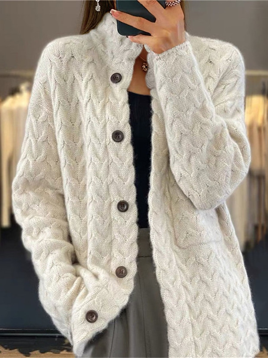 Pentru femei Bluza Epocă Modă Casual Culoare solidă Cablu Guler de stand Nasturi Tricotat Manșon Lung Topuri obișnuite Tricotat În aer liber Zilnic Ieșire Albastru piscină Cămilă Toamnă Iarnă 2025 - $65.99 –P1