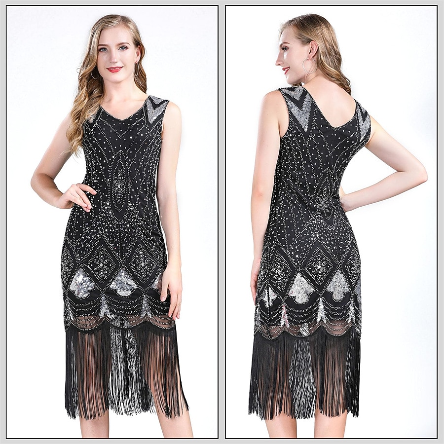 Goldene Zwanziger 1920er Knielang Flapper Kleid Outfits Zubehörset Ärmellos Der große Gatsby Hochzeitsgast Pailletten Quastenfransen Pailletten Quaste V Ausschnitt Kostüm Damen Karneval Maskerade 2026 - $51.99 –P7
