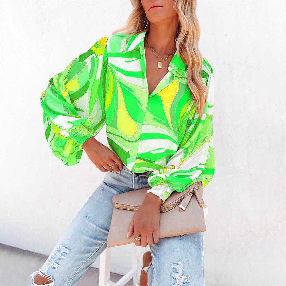 Women's Shirt Blouse Fashion Buttons Print Long Sleeve Regular Tops Shirt Collar Casual Blue Purple Green Gray Spring & Fall 2025 - $21.99 –P14