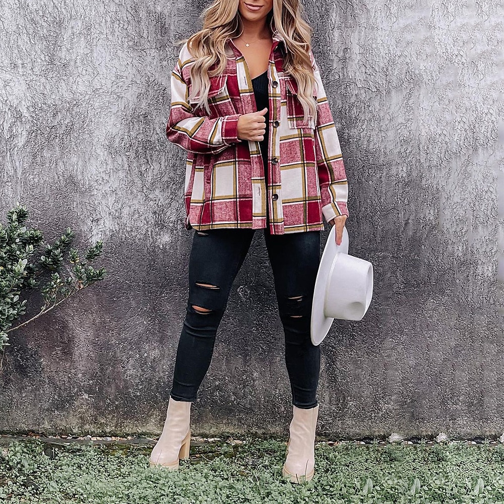 Women's Shirt Blouse Fashion Plaid Buttons Pocket Print Long Sleeve Regular Tops Shirt Collar Casual Black Red Green Khaki Spring &  Fall 2025 - $28.99 –P2