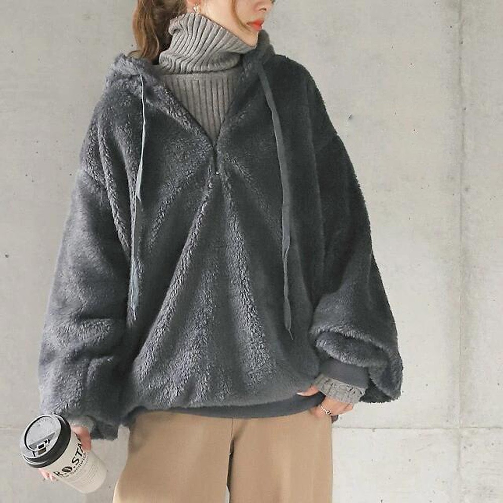 Mulheres Côr Sólida Quente Teddy Difusa Manga Longa Capuz Meio Zíper Tops regulares Rua Casual Com Cordão Bolso frontal Quarter Zip Preto Vinho Cinzento Escuro Café Cinzento Outono & inverno de 2025 por $33.99 –P4
