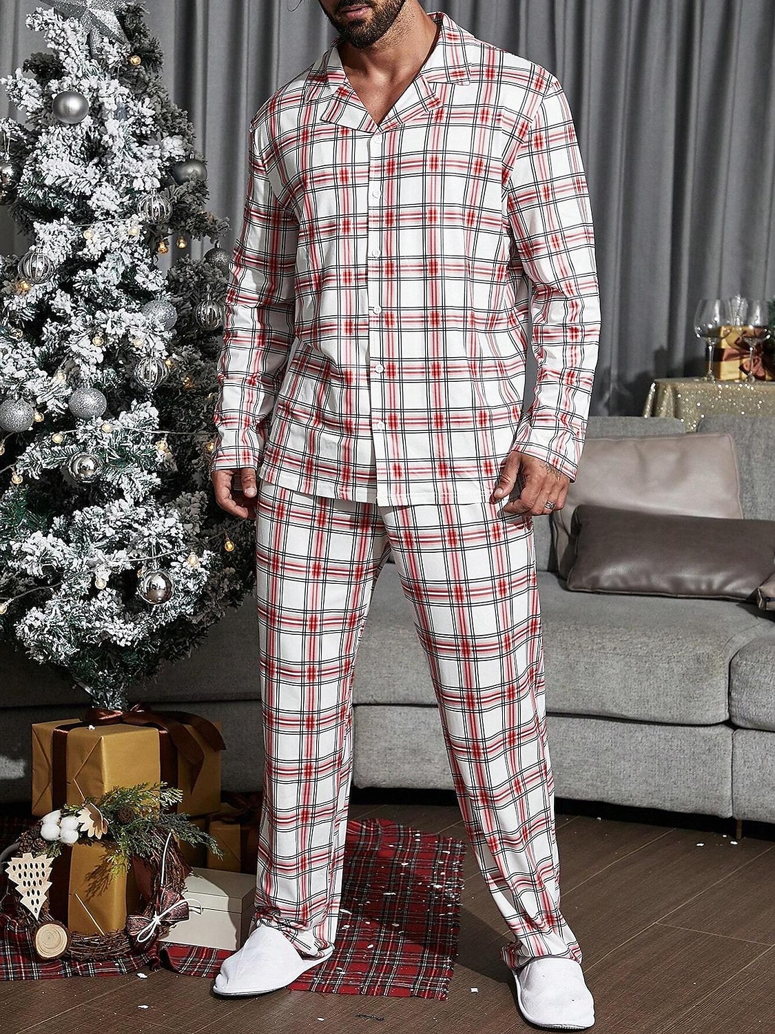 Herr Vardagsklädsel Sovkläder Pyjamas set Pyjamastopp och byxa 2 delar Rutig Stylish Ledigt Komfort Hem Dagligen Säng Bomullsblandning Komfort Mjuk Kavajslag Långärmad Skjorta Byxa Snörning Elastisk 2025 - $28.99 –P1