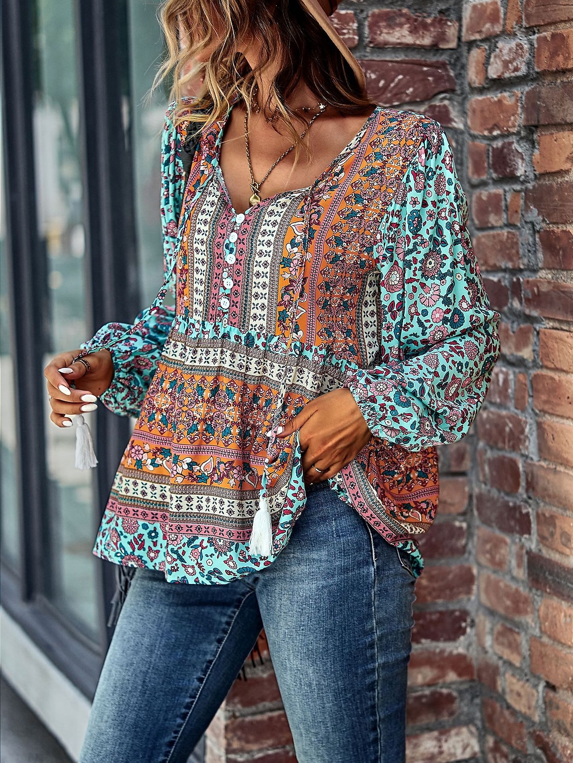 Dame Skjorte Boho skjorte Blondeskjorte Bluse Blomstret Mote Langermet V-hals Vanlige topper Avslappet Ferie Blondér Trykt mønster Rød Navyblå Blå Lilla Grønn Vår & Vinter 2025 - $31.99 –P9