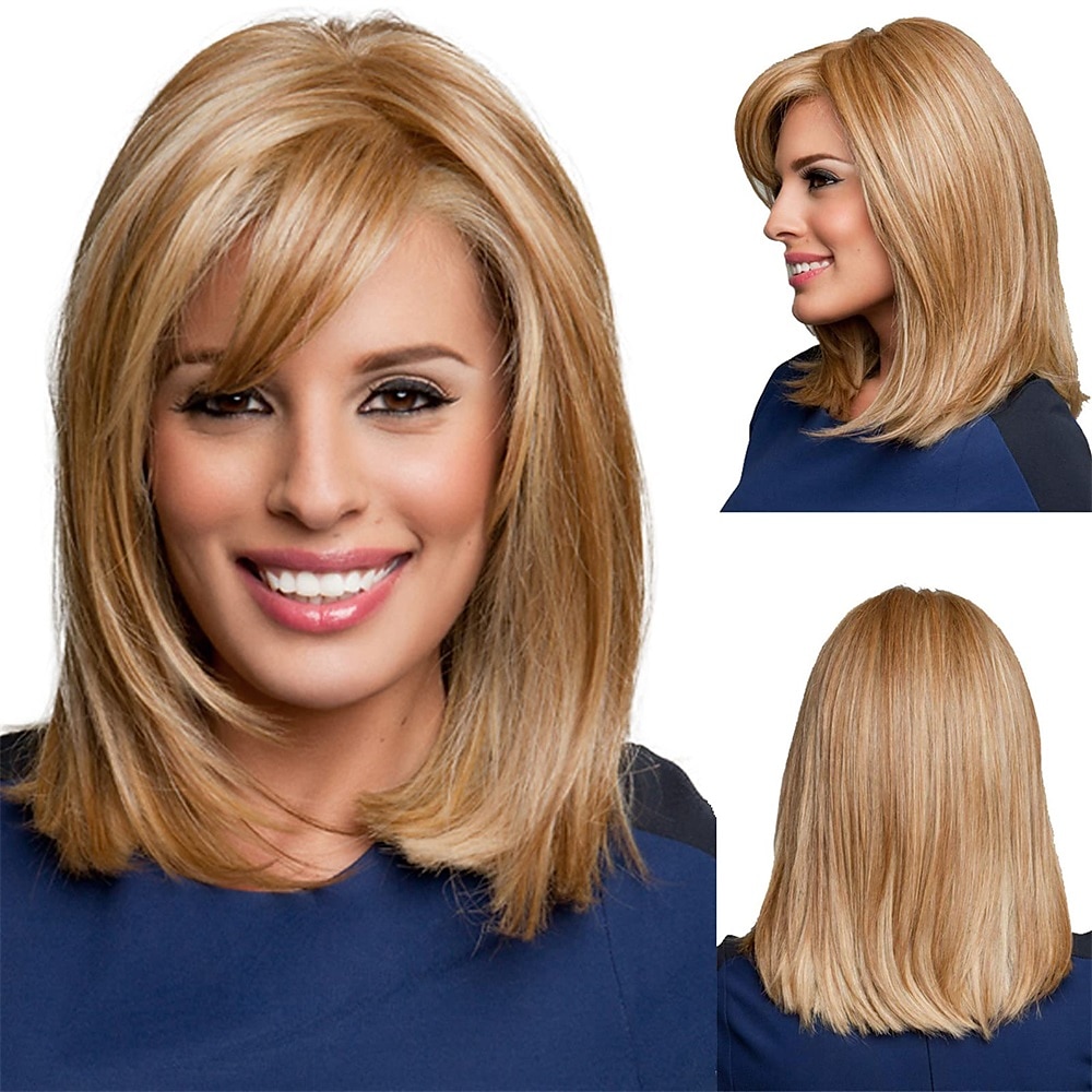 Perucas peruca loira morango com franja cabelo sintético peruca natural completa reta comprimento médio bob peruca traje de halloween perucas para mulheres perucas cosplay 14" de 2025 por $21.99 –P1