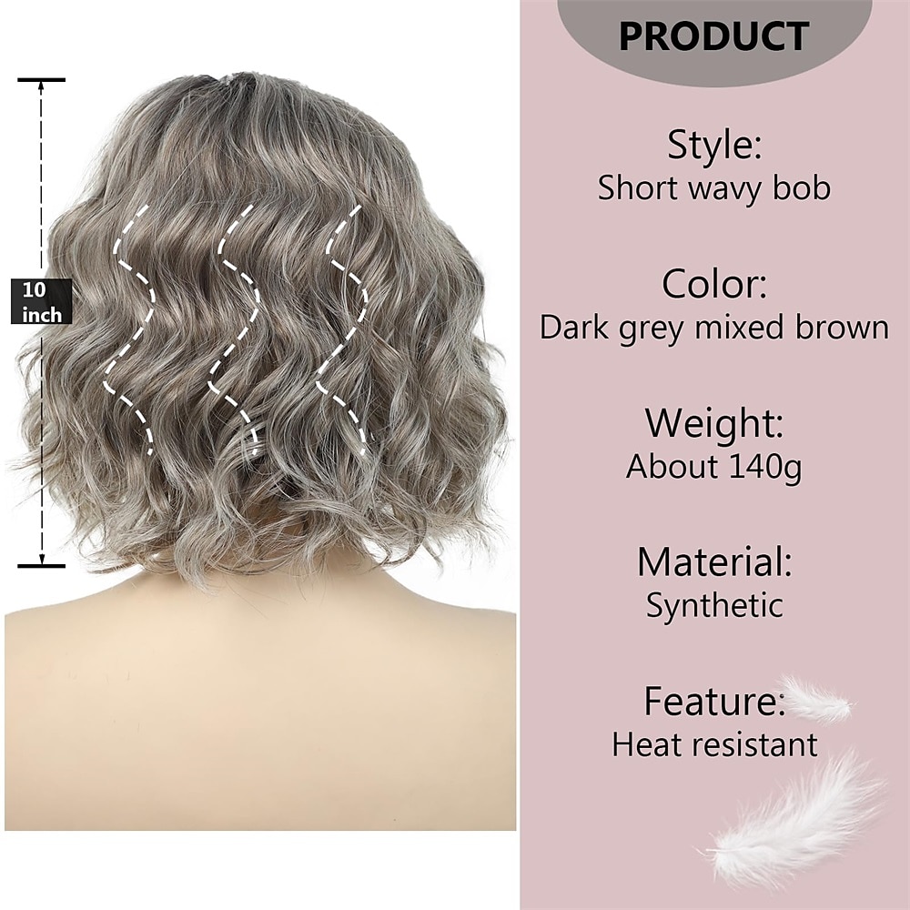 korte golvende pruik ombre grijs gemengd bruin krullend bob pruiken voor vrouwen kinlengte grijs gelaagde golvende bob pruik met donkere wortels natuurlijk ogende synthetische pruiken voor dames 2025 - $18.99 –P5