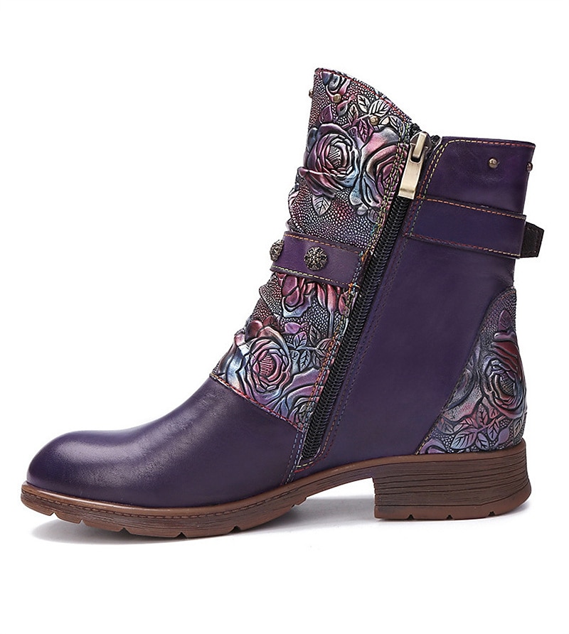 Vintage leren enkellaarsjes met bloemenreliëf voor dames – stijlvol bordeauxrood gespbandontwerp voor casual herfst- en winterkleding 2026 - $99.99 –P7