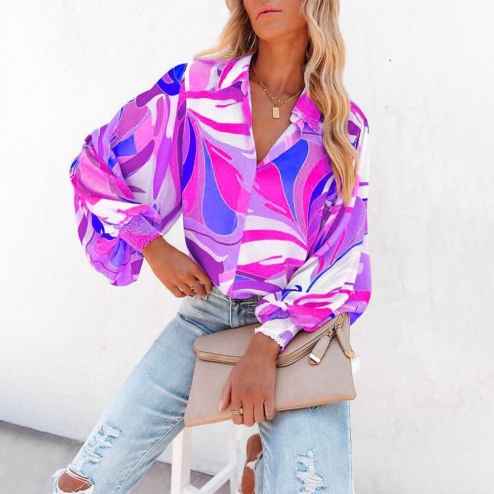 Women's Shirt Blouse Fashion Buttons Print Long Sleeve Regular Tops Shirt Collar Casual Blue Purple Green Gray Spring & Fall 2025 - $21.99 –P18