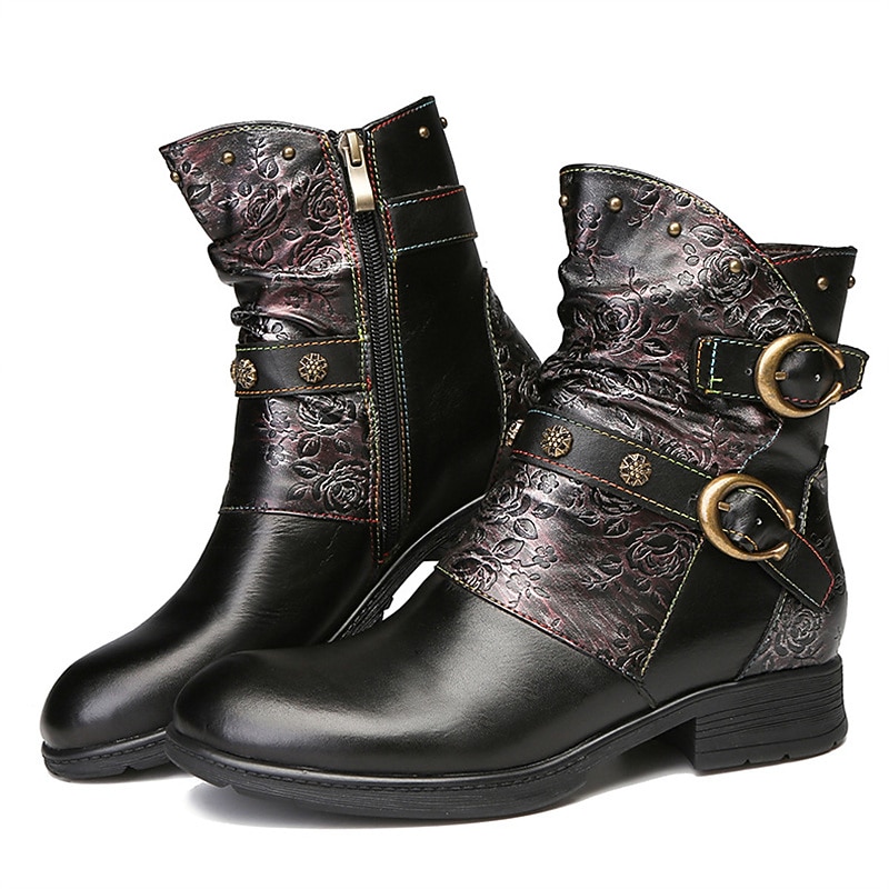 Vintage leren enkellaarsjes met bloemenreliëf voor dames – stijlvol bordeauxrood gespbandontwerp voor casual herfst- en winterkleding 2026 - $99.99 –P11