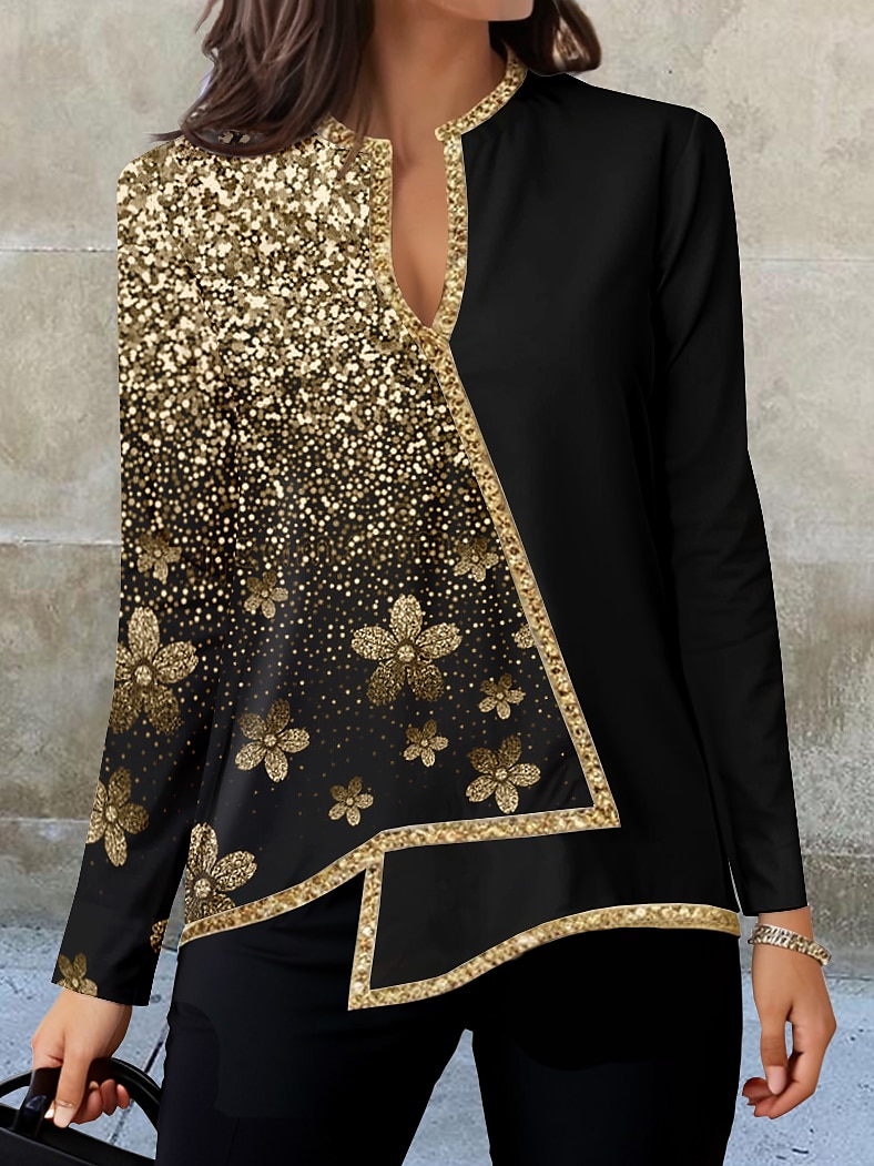 Blusa da Donna Moda Stampa Floreale Orlo Asimmetrico Manica Lunga Regular Collo a V Casual Vacanza Nera Argento Rosa Blu Verde Autunno e Inverno del 2025 a $26.99 –P1