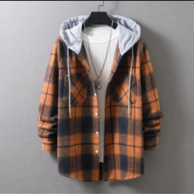 Men's Shirt Casual Shirt Plaid Shirt Button Up Shirt Overshirt Plaid / Check Outdoor Daily Wear Yellow Blue Orange Green Long Sleeve Hooded Fall & Winter Clothing Apparel Front Pocket 2025 - $35.99 –P8