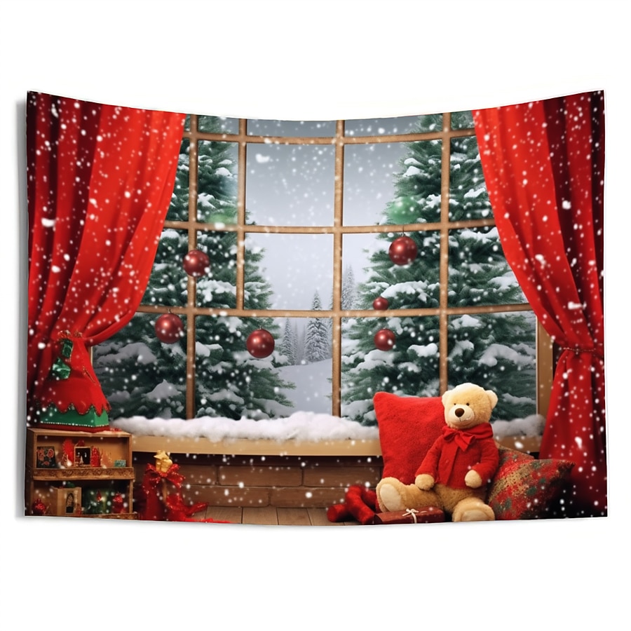 juldekorationer julgran hängande gobeläng väggkonst xmas stor gobeläng väggmålning dekor fotografi bakgrund filt gardin hem sovrum vardagsrum björn fönster vy 2025 - $17.49 –P11