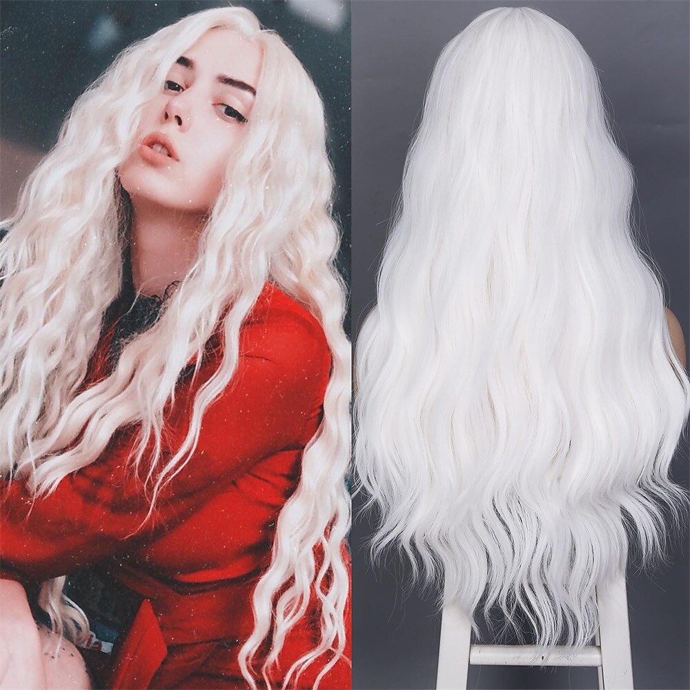 cheveux fantaisie longs perruques blanches pour femmes blanc longue perruque ondulée bouclée partie centrale perruque synthétique perruque blanche pour le cosplay quotidien d'Halloween 24 pouces de 2025 ? $27.99 –P3