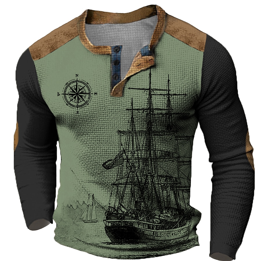 Pánské Loď Námořnický Kompas Tričko Henley Waffle Tričko Dlouhý rukáv 3D tisk Designové Retro Na běžné nošení Outdoorové sporty Dovolená Festival Jaro & podzim Světle hnědá Vodní modrá Hnědá Trávov 2025 - $23.99 –P5