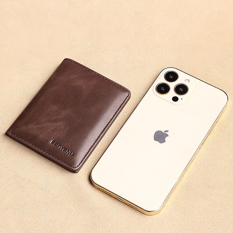 męski brązowy skórzany portfel składany na pół z blokadą RFID, okienkiem na identyfikator i wieloma przegródkami na karty, smukły portfel antykradzieżowy do użytku biznesowego, w podróży i na co dzień 2026 - $19.99 –P6