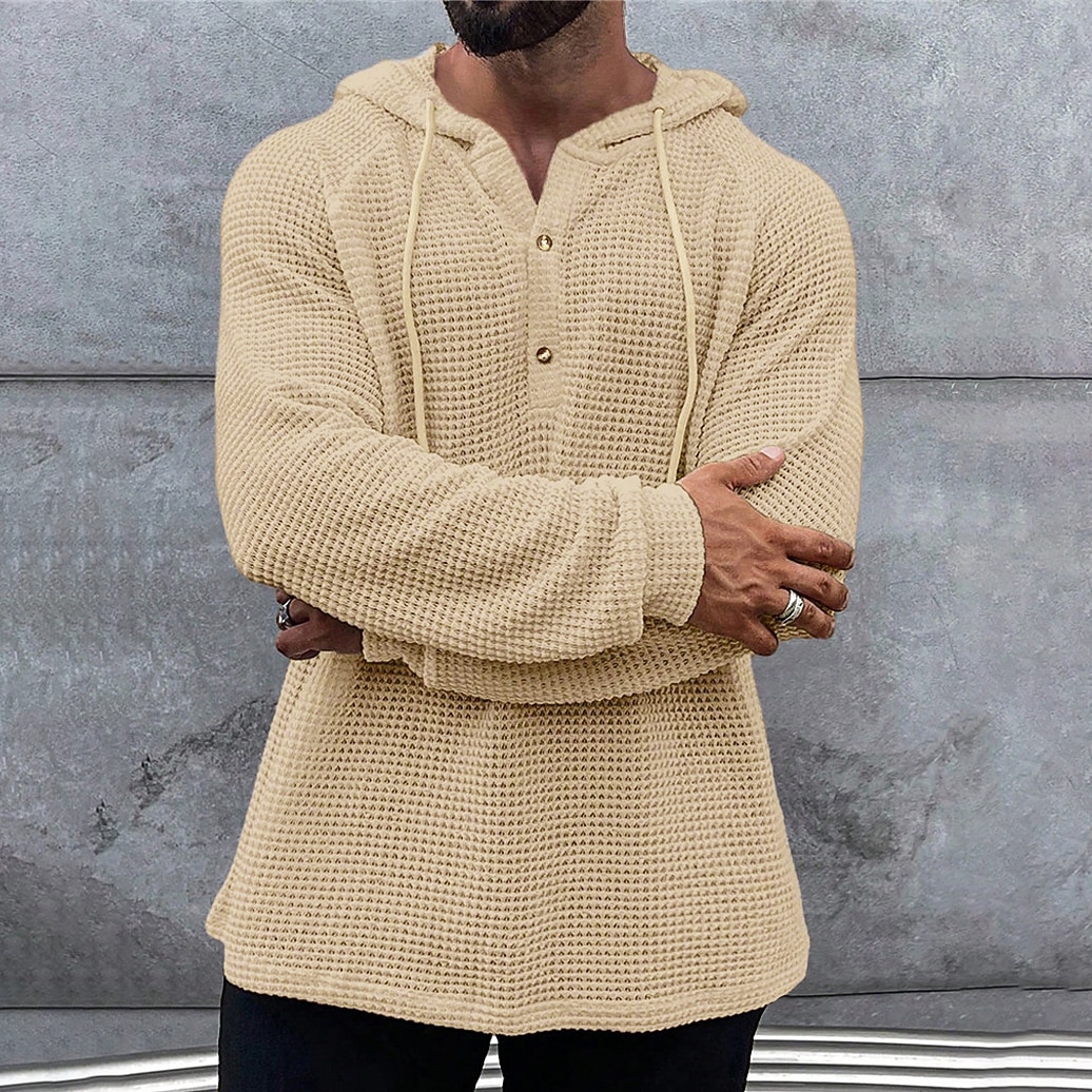 Herren Waffelhemd T Shirt Henley Hemd T-Shirt Langarm Mit Kapuze Frühling & Herbst Einfach Mode Designer Basic Gestrickt Urlaub Straße Ausgehen Grün Kaki Beige Top T-Shirt für Herren 2026 - $23.99 –P3