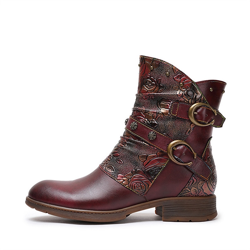 Vintage leren enkellaarsjes met bloemenreliëf voor dames – stijlvol bordeauxrood gespbandontwerp voor casual herfst- en winterkleding 2026 - $99.99 –P2