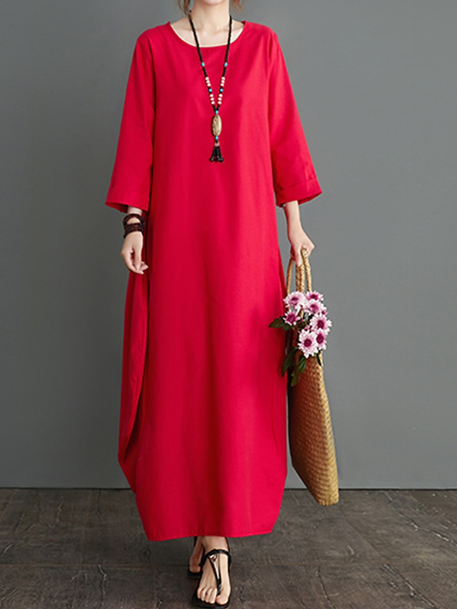 Damen Langes Kleid Maxikleid Leinen-inspirierte Kleider Weißes Kleid Freizeitkleid Winterkleid Streetwear Urlaub Straße Lässiger Schnitt Langarm Rundhalsausschnitt Schwarz Weiß Rote Blau Herbst Winter 2025 - $26.99 –P10