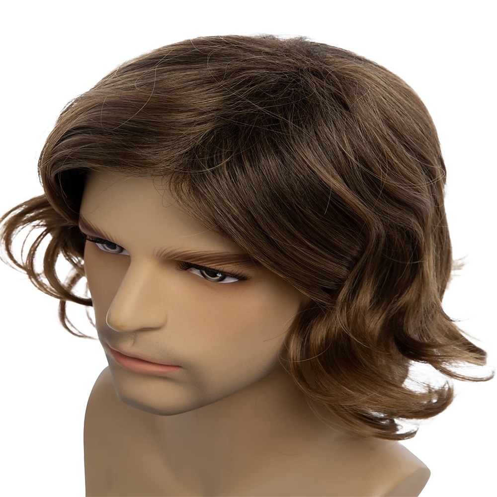 Perruque marron courte bouclée pour hommes, perruque de remplacement de cheveux synthétiques avec raie latérale pour costume de fête quotidien Halloween de 2025 ? $22.99 –P4
