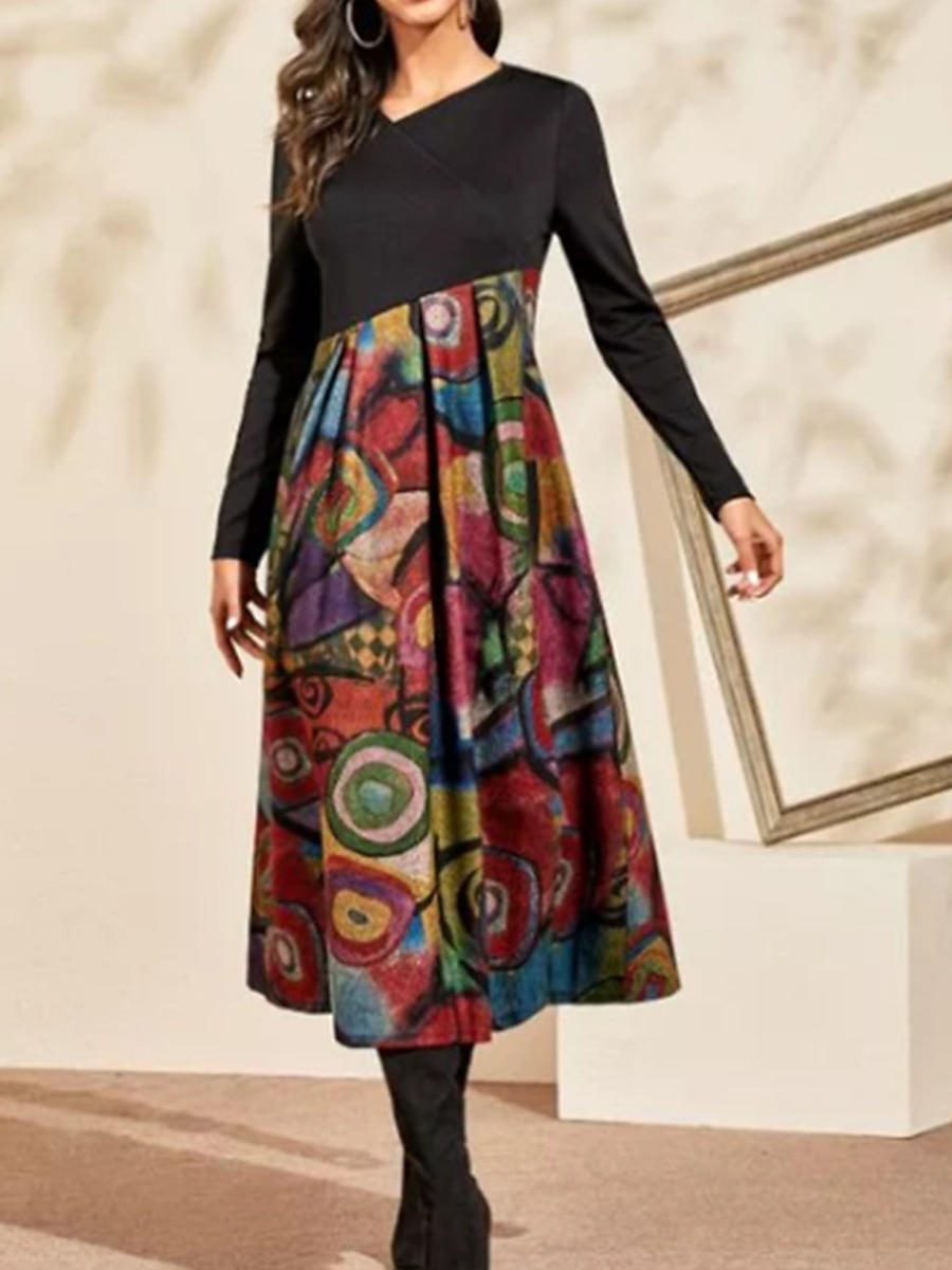 naisten print print v kaula pitkä mekko maxi mekko etninen päivämäärä pitkähihainen syksy talvi 2025 - $40.99 –P5