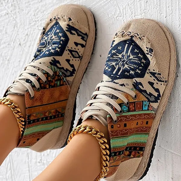 tênis feminino boêmio com cadarço – calçados casuais de lona com estampa étnica e sola trançada, calçados leves e confortáveis para caminhada, uso diário e viagens de 2026 por $36.99 –P1