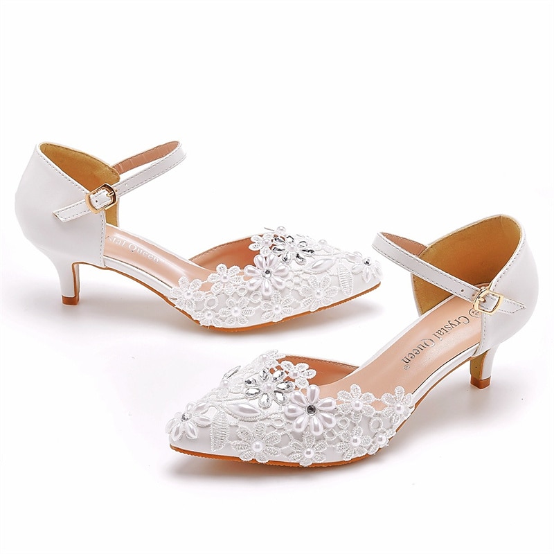 Women's White Lace Floral Embroidered Kitten Heel Shoes with Ankle Strap – Elegant Bridal Wedding Shoes 2025 - $54.99 –P7