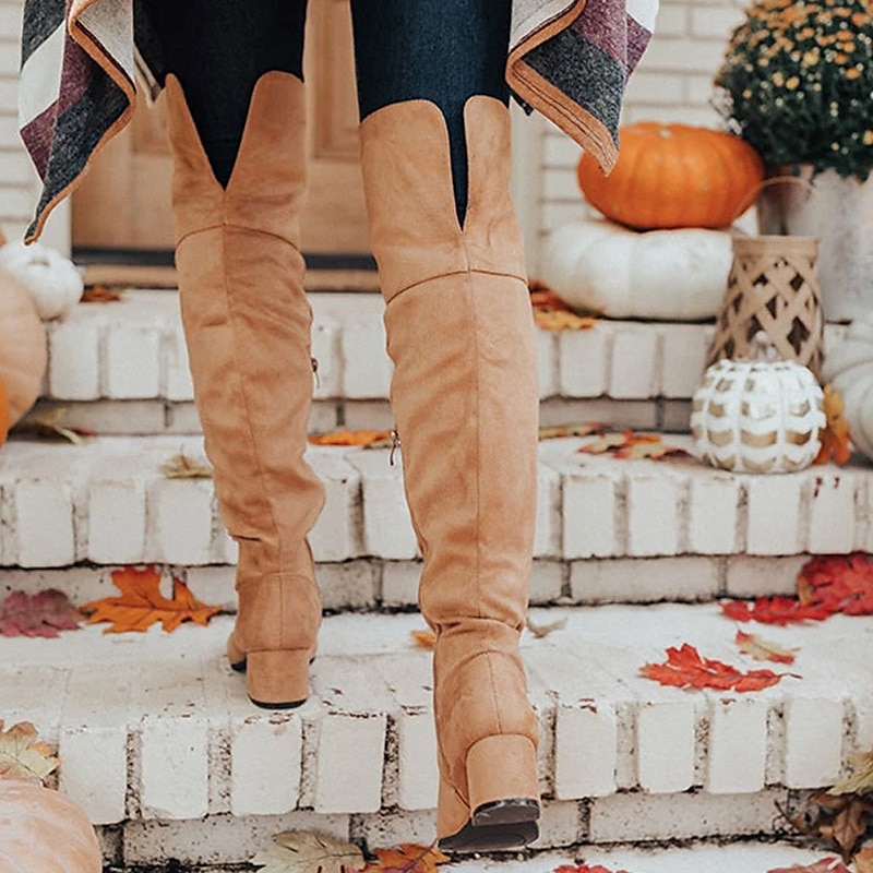 Khakifarbene Overknee-Stiefel aus Wildlederimitat mit Blockabsatz für Damen – stilvoll und bequem für die Herbst- und Wintermode 2025 - $59.99 –P2
