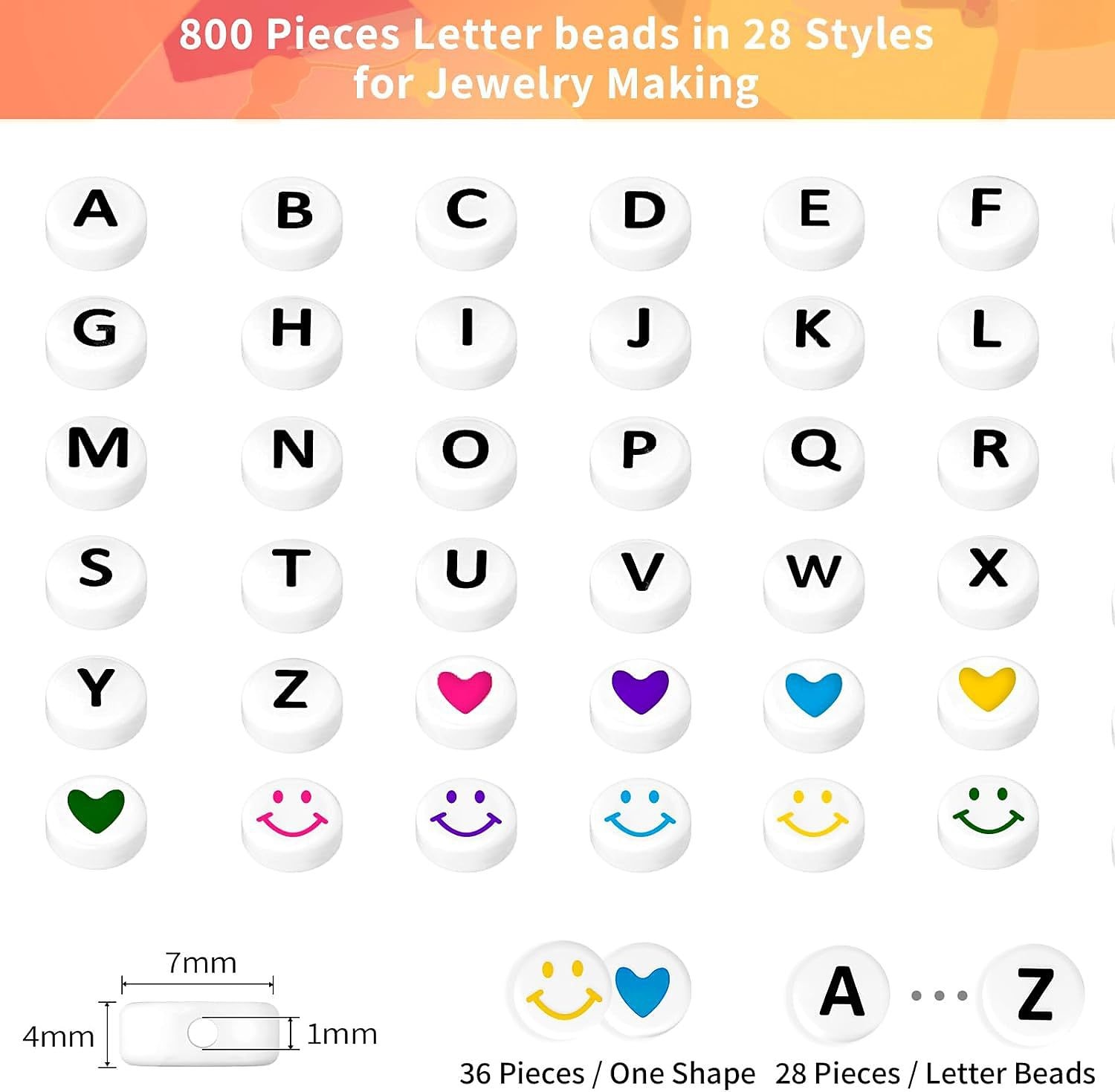 800 Stück Buchstabenperlen in 28 Stilen, bunte Perlen mit lächelndem Gesicht, Herzperlen-Set für DIY-Armbänder, Halsketten, Ohrringe, Kunsthandwerk, Kleinunternehmen, Schmuckherstellungsbedarf 2025 - $9.99 –P4