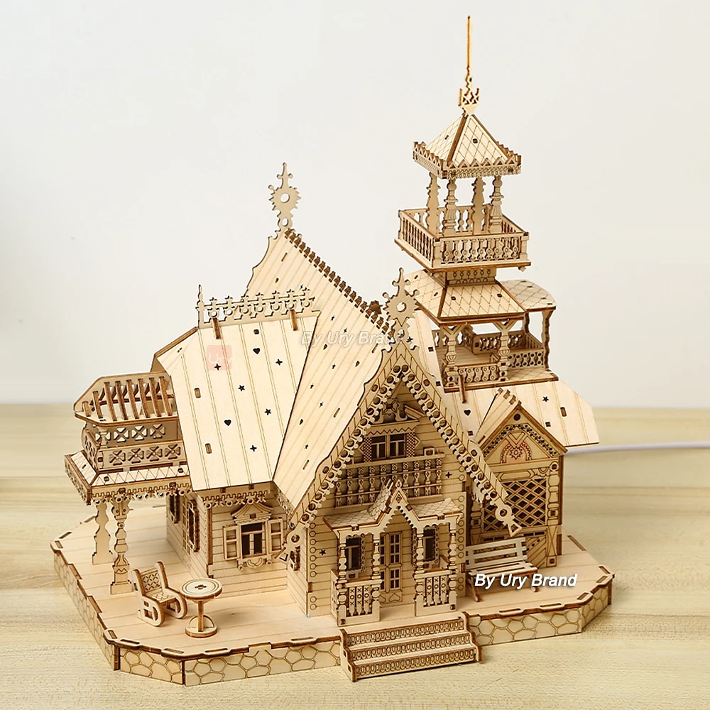 3D dřevěné puzzle vila dům královský hrad se světelnou montážní hračkou pro dospělé kutily modelové sady stolní dekorace pro dárek 2025 - $49.99 –P1