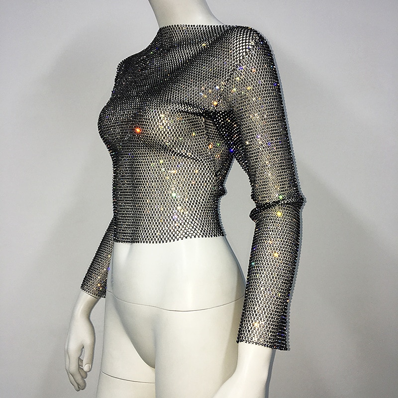 Sheer Mesh Rhinestone Metallic Sparkle Sexy Shirt Sheer Mesh Rhinestone Cover Up Disco Fancy ...
